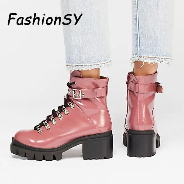

Women Motorcycle Boots Autumn coat of paint Fashion Patent Leather Round Toe Lace-up Combat Shoes Ladies Snow Office Boots