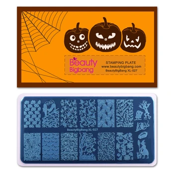 

BeautyBigBang Pumpkin Witch Nail Stamping Plate Halloween Spider Skull pumpkin Celebration Rectangle Nail Image Template