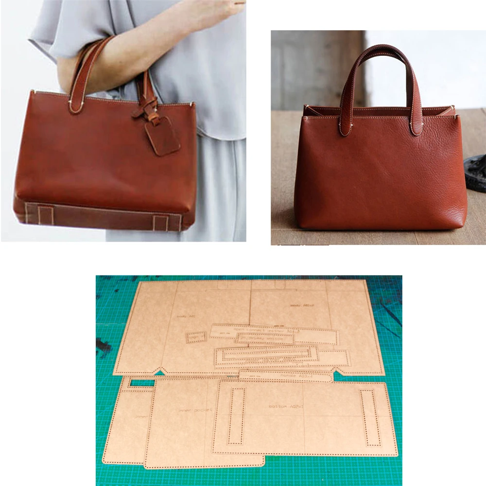 DIY leather craft women handbag 500gsm kraft paper die cutting sewing pattern stitch hole english version template 30x25x14cm