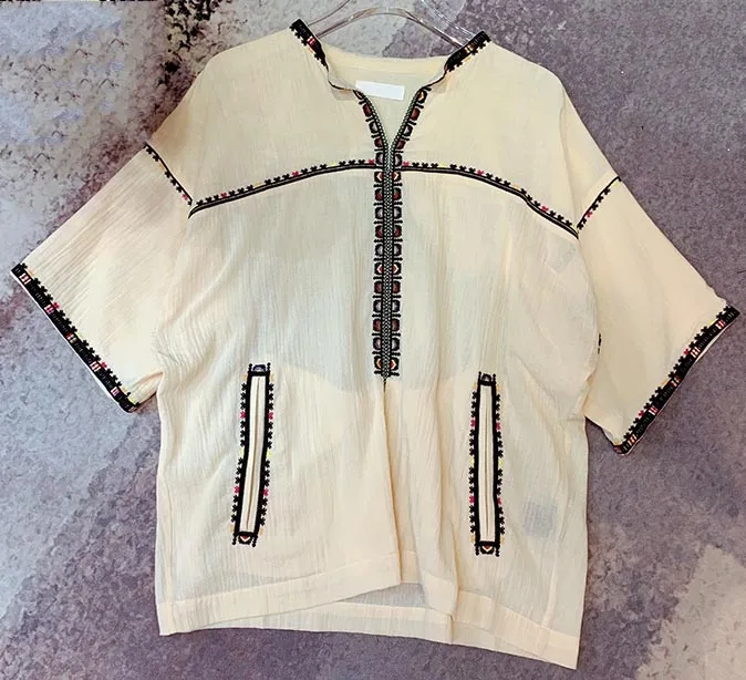 

Ethnic Blouse Round NecK with Embroidered Half Sleeves Oversized Top Front Pockets