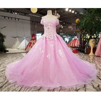 

BGW HT33010 Lilac Ball Gown Shiny Evening Dress With Glitter Off Shoulder Sweetheart Girls Dress For Party With Train As Photos