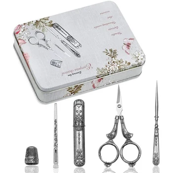 

5pcs Sewing Tool Set Vintage Embroidery Sewing Scissors Thimble Needle Storage Case Combination Classical Scissors Needlework