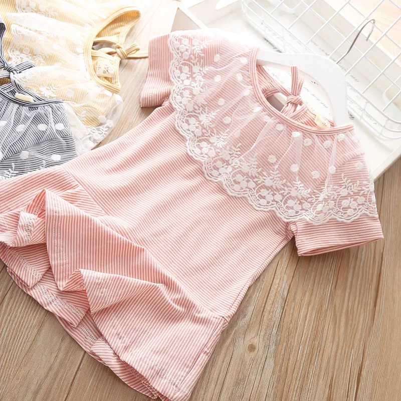 Платье для маленьких девочек летний хлопковый топ в полоску с кружевом, одежда для йоги для девочек, детская спортивная одежда детские спортивные костюмы платья колготки на 5 лет
