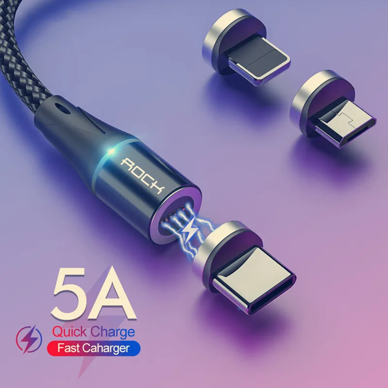 Магнитный кабель ROCK 5A (Micro Usb/ Type C) со светодиодной подсветкой для зарядки iPhone Xiaomi