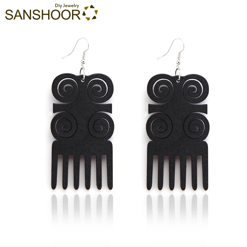 Black 3 SANSHOOR, рисунок афро, гребень, дерево, висячие серьги, африканское племя, этнические хип-хоп богемные ювелирные изделия для женщин, подарки, 6 пар - Окраска металла: Black 3