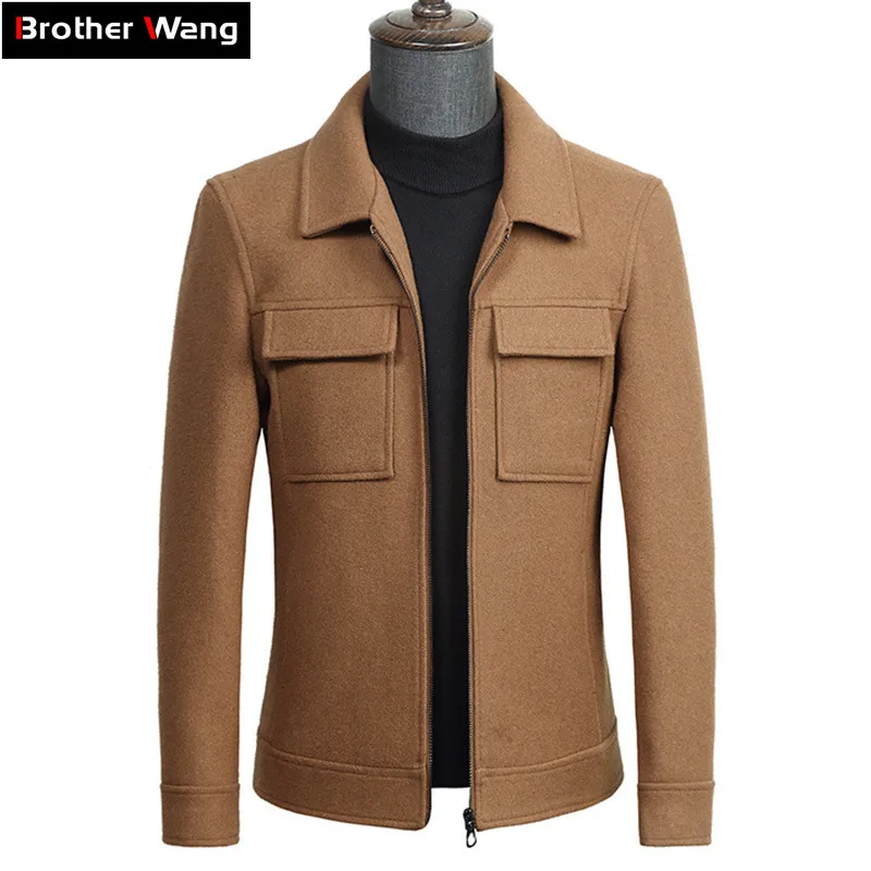 Осенняя Новая мужская шерстяная куртка деловая модная однотонная двойная карманная обработанная куртка мужская брендовая одежда серый хаки черный