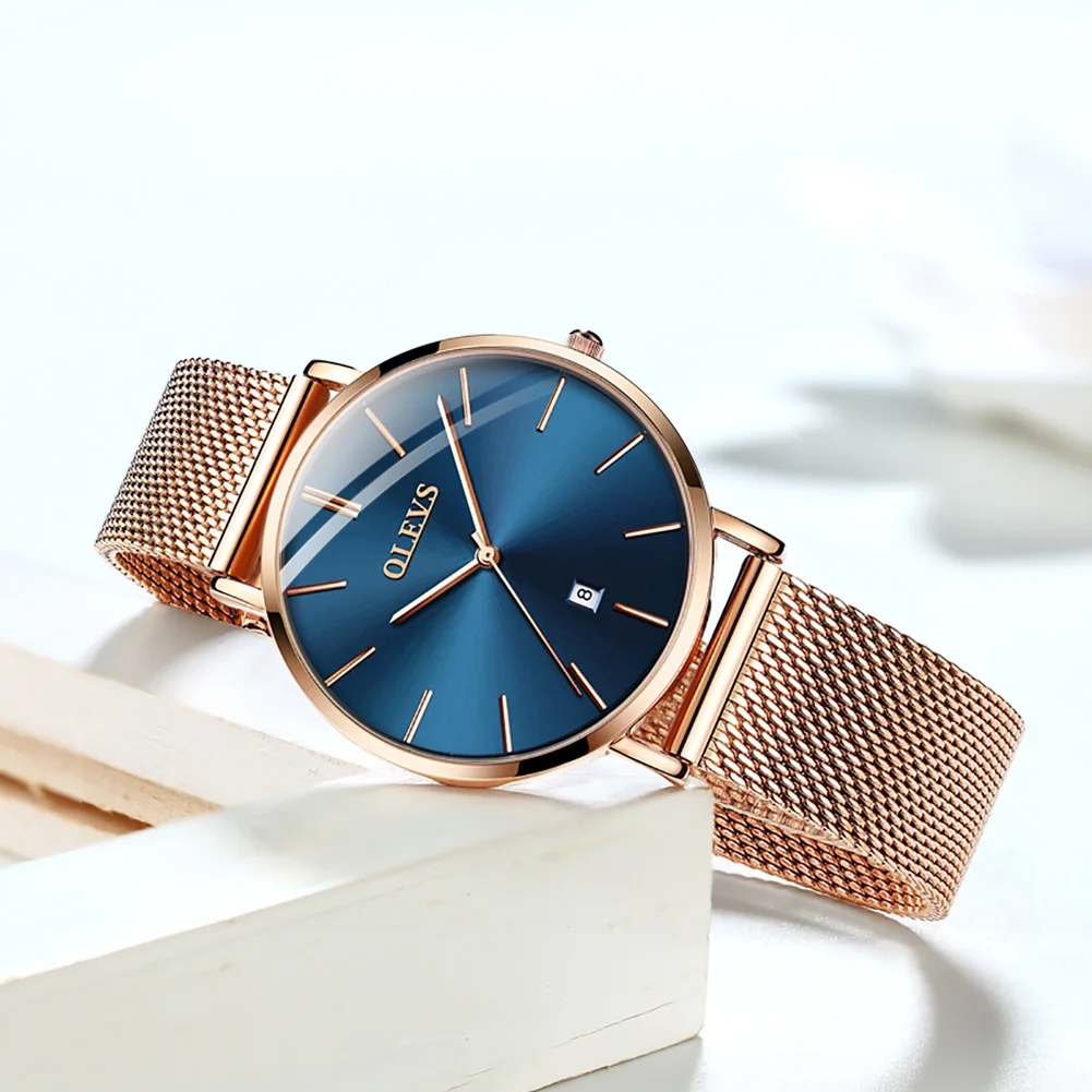OLEVS Women Watches Fashion Ultra-Thin Rose Gold Mesh Belt Date Watch Fashion Ladies Clock 3ATM Waterproof Reloj Mujer New