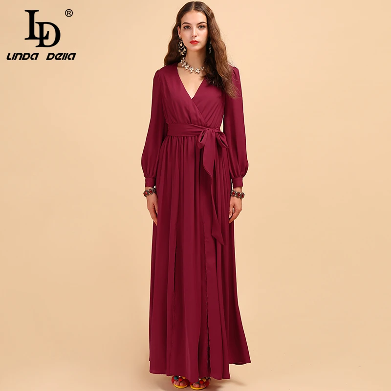 LD LINDA DELLA Runway Fashion Herfst Maxi Jurken vrouwen Sexy V-hals Bow Tie Elegant Casual Dames Red Party jurk Gown LD LINDA DELLA Runway Fashion Herfst Maxi Jurken vrouwen Sexy V-hals Bow Tie Elegant Casual Dames Red Party jurk Gown