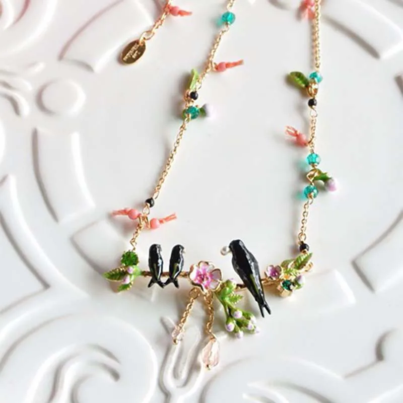 

S04-054J Spring 3 swallow lover necklace genuine enamel vintage charm necklace pendant women Ceramic Les Brand