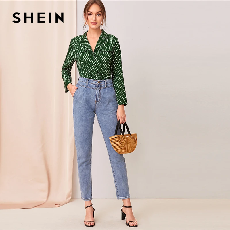 Женская офисная блузка SHEIN элегантная зеленая в горошек с отложным воротником и