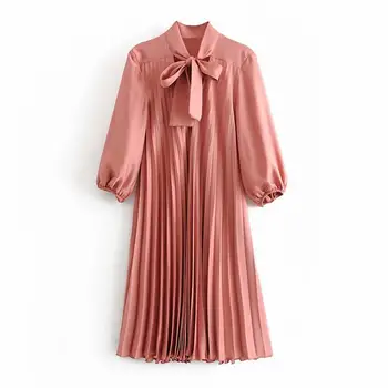 

Casual Solid Women Bow Tie Pleated Dress Work Femme Long Sleeve Straight Dresses Loose Lady Office Midi Dress 2020 Sale Items