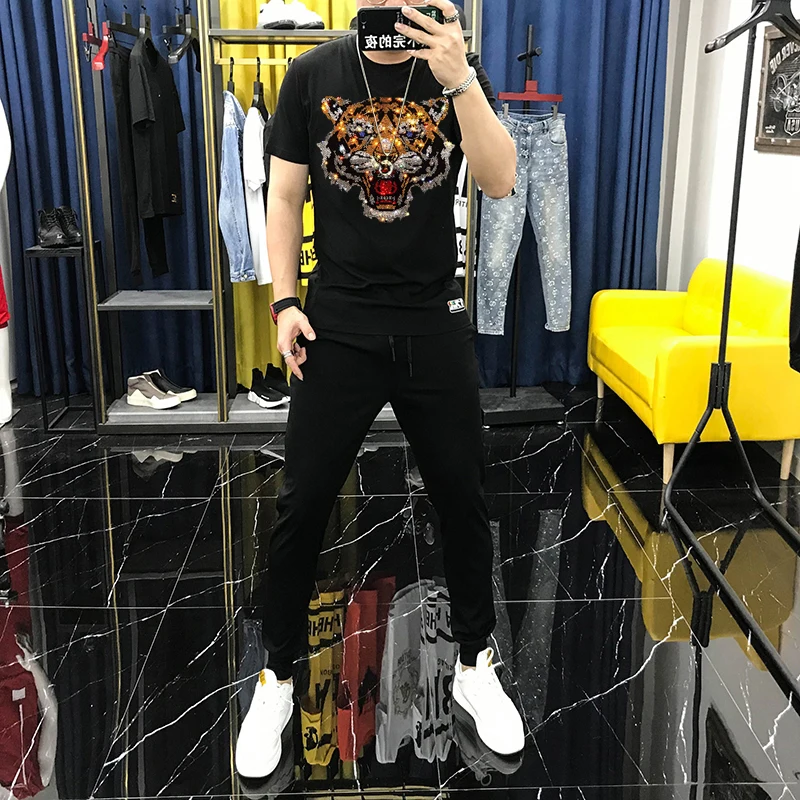 Summer T-Shirt Hot Diamond Tiger Shiny Hip-Hop Streetwear Couple Tracksuit Jogging Men's Sets/Pants + Sweatshirt