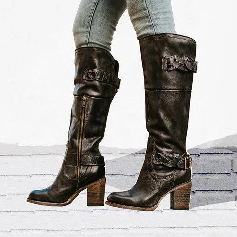 Женские сапоги до колена; chaussure; ботинки гладиаторские размера плюс; Винтажная обувь из искусственной кожи на высоком каблуке; женская обувь; zapatos mujer sapato; H595 - Цвет: black
