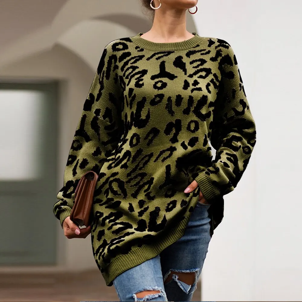 

Leopard Knitted Sweaters Women Autumn Winter Clothes Long Pullovers Loose Pull Femme Oversized Sweaters Plus Size Tricot Jumper