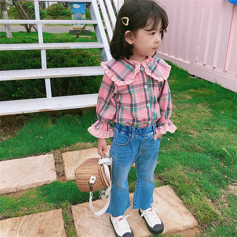 Baby Cotton Blouse Sweet Girls Ruffled Collar Clothes Kids Long Sleeved Shirt Children Cute Pink Tops Fashion Spring Autumn