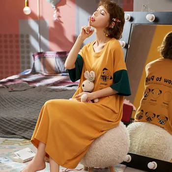 

Hot sale women's large size night skirt summer thin section cartoon night skirt girl student comfortable lady cute print O-neck