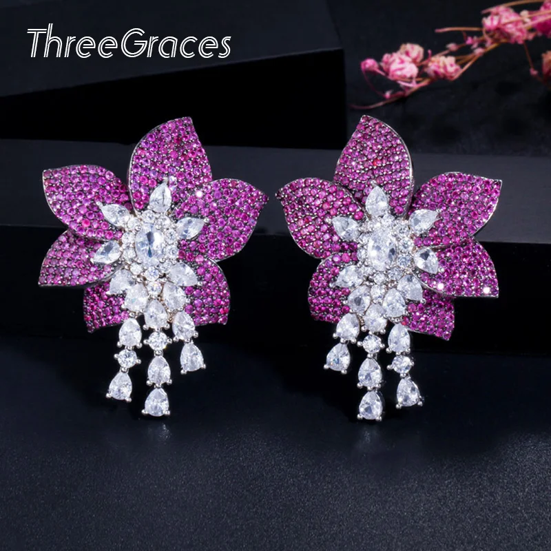 Эксклюзивные корейские серьги ThreeGraces в виде цветка из розового Красного фианита