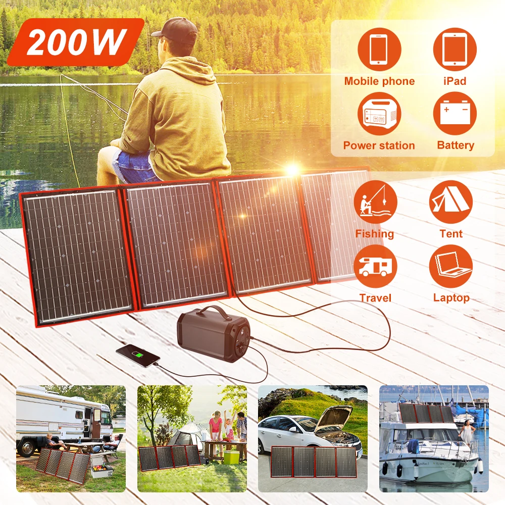 

Dokio Black Solar Panels 200W 18V China Foldable 12V Controller Panels Solar Battery Charge Motorhome RV Car 18V