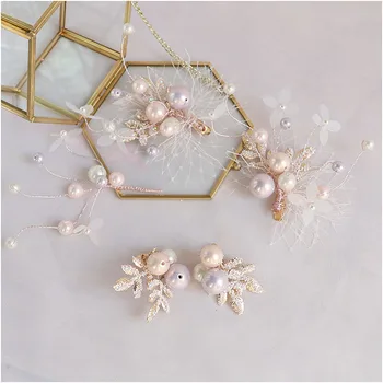 

special purple pearl barrettes earrings sets women bride party hair decoration wedding hair jewelry