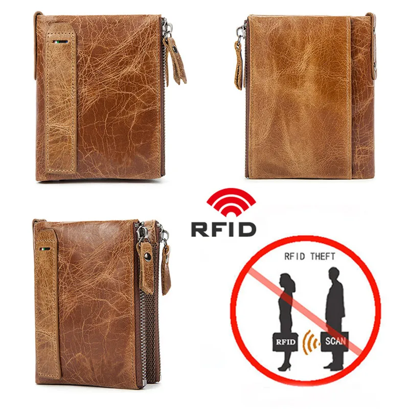  Crazy Horse Genuine Leather Men Wallets Short Credit Business Card Holders Double Zipper Cowhide Le