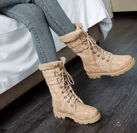 women winter boots round toe low heels warm lace-up fur shoes woman chaussure zapatos mujer gladiator vintage booties H281