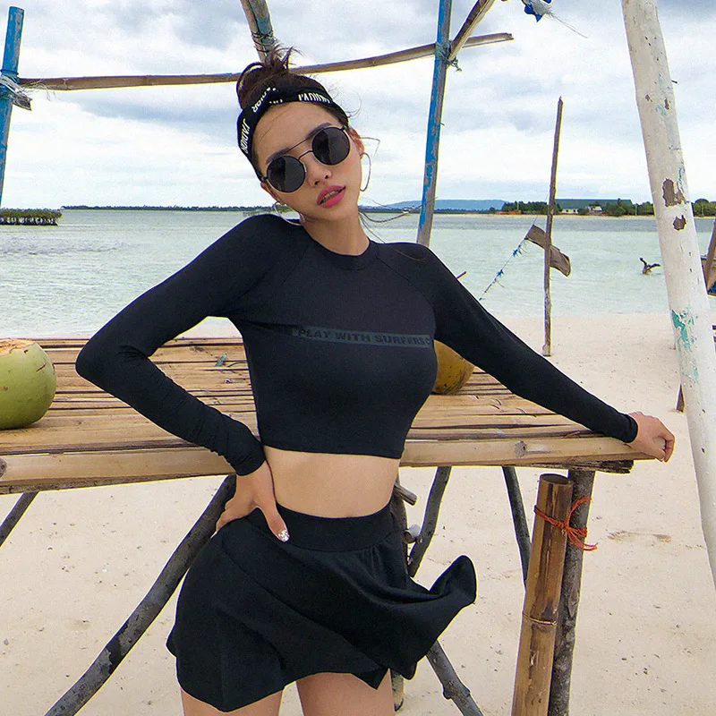 

2019 New Style Two-piece Swimsuits WOMEN'S Short Skirt-Long Sleeve Conservative Two-Piece Set Solid Color High-waisted Tight Sea