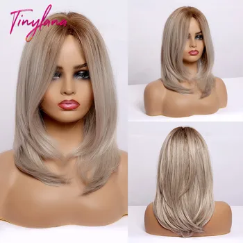 

TINY LANA Medium long hair Synthetic Wigs Middle Part Ombre Brown to Blond Cosplay for Black Women Natural Heat Resistant Fiber