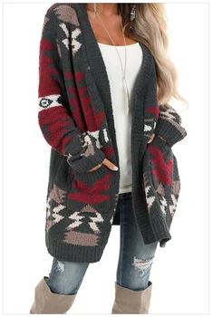

Womens large size autumn winter ladies geometric pattern with pocket long section knitted cardigan clothing lady sweater