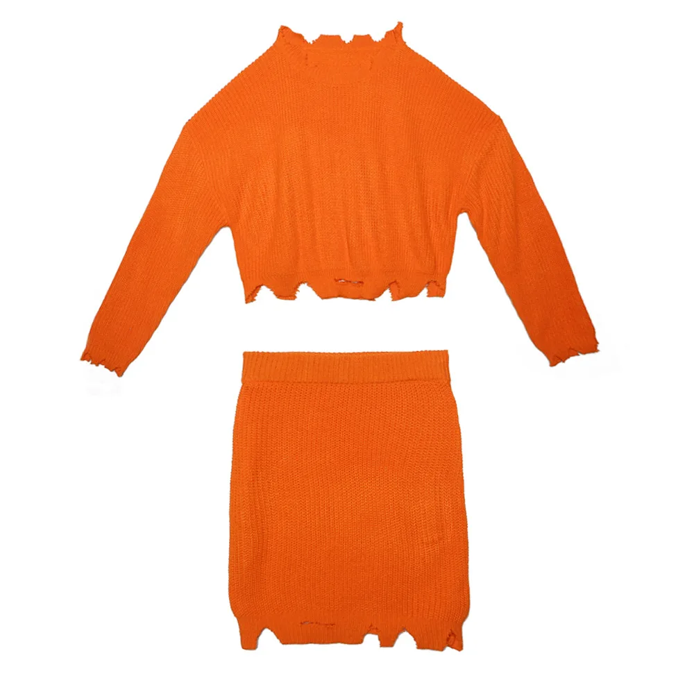 Hugcitar неоновое оранжевое укороченное Топ Юбка 2 предмета набор Осень Зима Женское отверстие сексуальные уличная одежда свитер с юбкой Сплошной комплект набор s