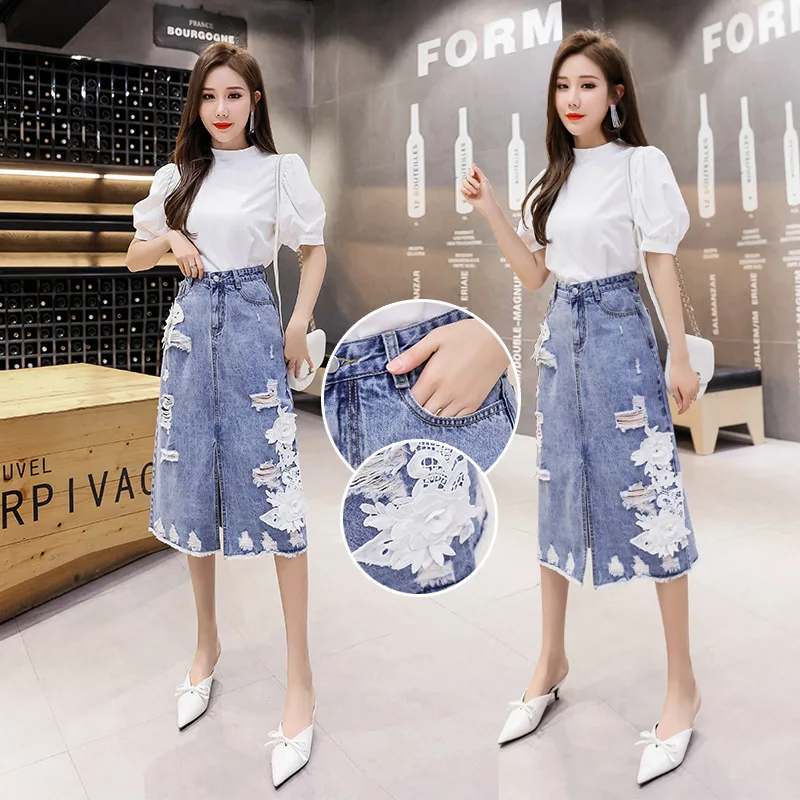 

2020 Spring New Style High-waisted Denim Skirt Mid-length Skirt Slimming Skirt One-step Skirt Slit Skirt Women's