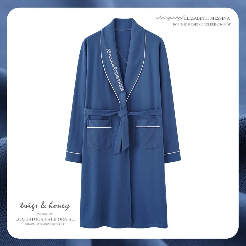Big Size L-4XL Men Robe Spring Autumn Cotton Sleepwear Belt Long Nightgown Kimono Gown Elegant Male Bathrobe Casual Home Clothes