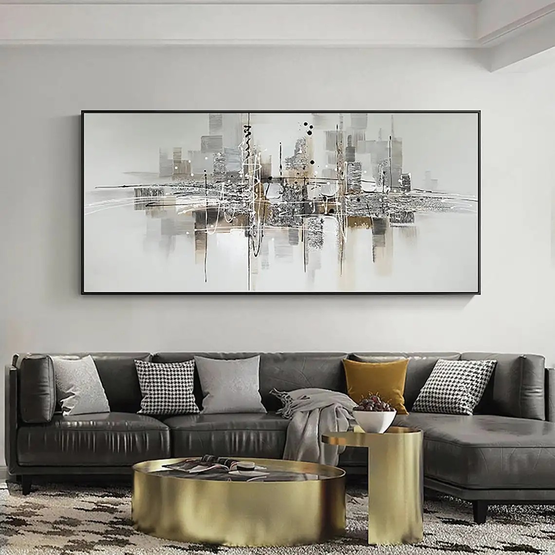Grand tableau mural de luxe doré abstrait avec impression sur toile -  Peinture minimaliste pour salon - Décoration d'intérieur - 80 x 80 cm -  Sans cadre : : Cuisine et Maison