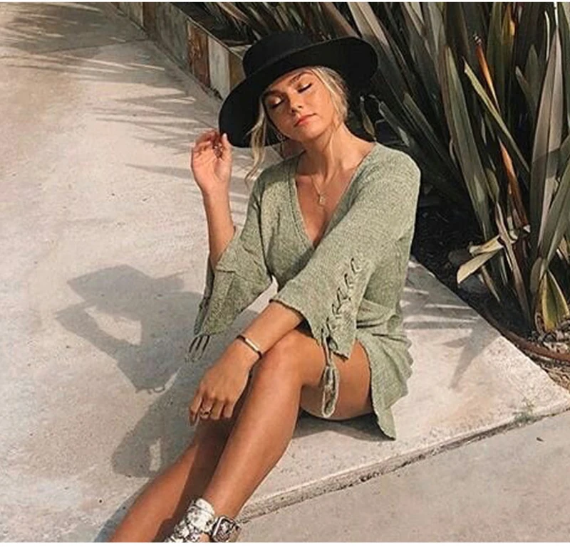 DICLOUD, шнурок, Boho, одноцветное, вязанное платье-свитер, женское,, длинный рукав, Осень-зима, сексуальное, с глубоким вырезом, v-образный вырез, на шнуровке, вечерние платья