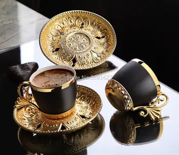

12 Pieces Turkish Coffee Cups Espresso Porcelain Demitasse Cup Saucer Black Cups (Gold) Vintage Arabic Gift Set