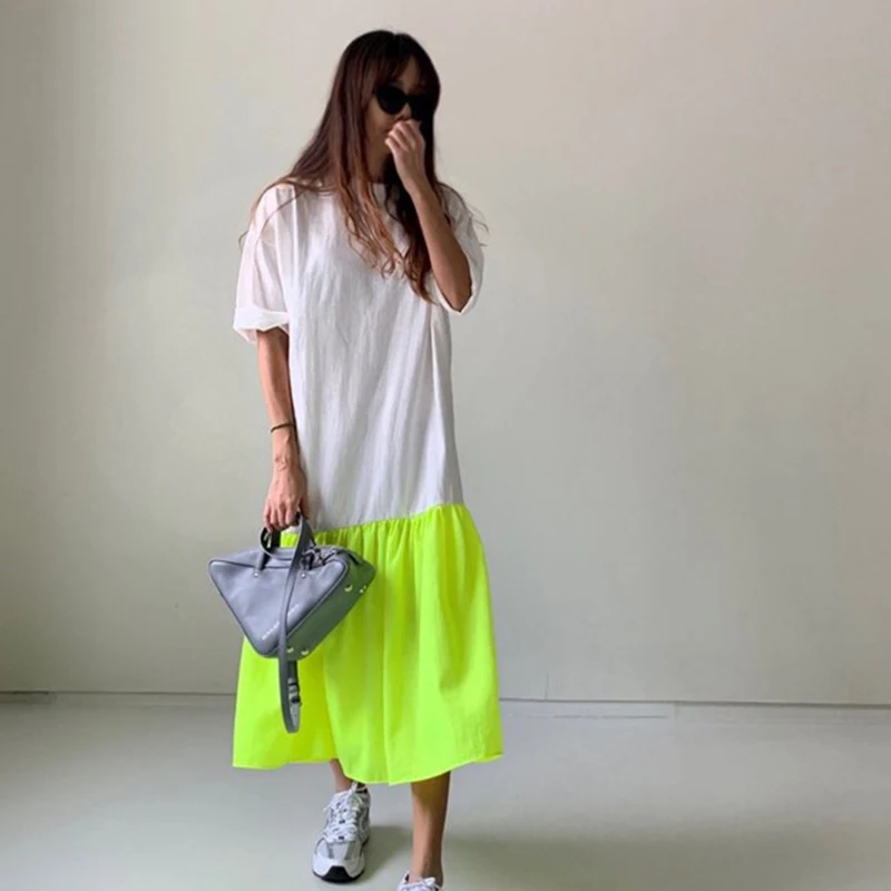 详情 (4).jpg TWOTWINSTYLE Elegant Patchwork Hit Color Dress Women O Neck Half Sleeve Oversize Casual Midi Dresses Female 2020 Summer Clothes