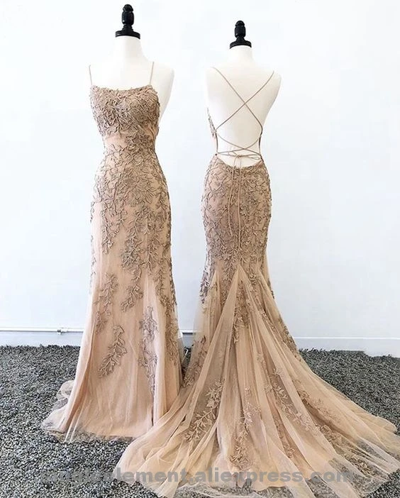 

Prom Dresses Mermaid Lace Formal Evening Dress Party Gown Sleeveless Spaghetti Straps Backless robe de soiree