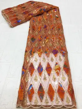 

(5yards/pc) latest orange color African French net lace fabric with velvet and sequins embroidery for party dress FZZ1024
