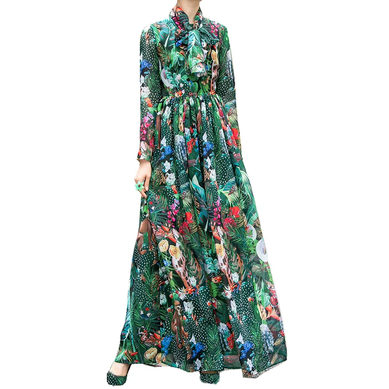 Цянь Хан Цзы модное Летнее Длинное Платье женское с длинным рукавом шарф с бантом изумительный узор печать зеленое элегантное пляжное макси платье