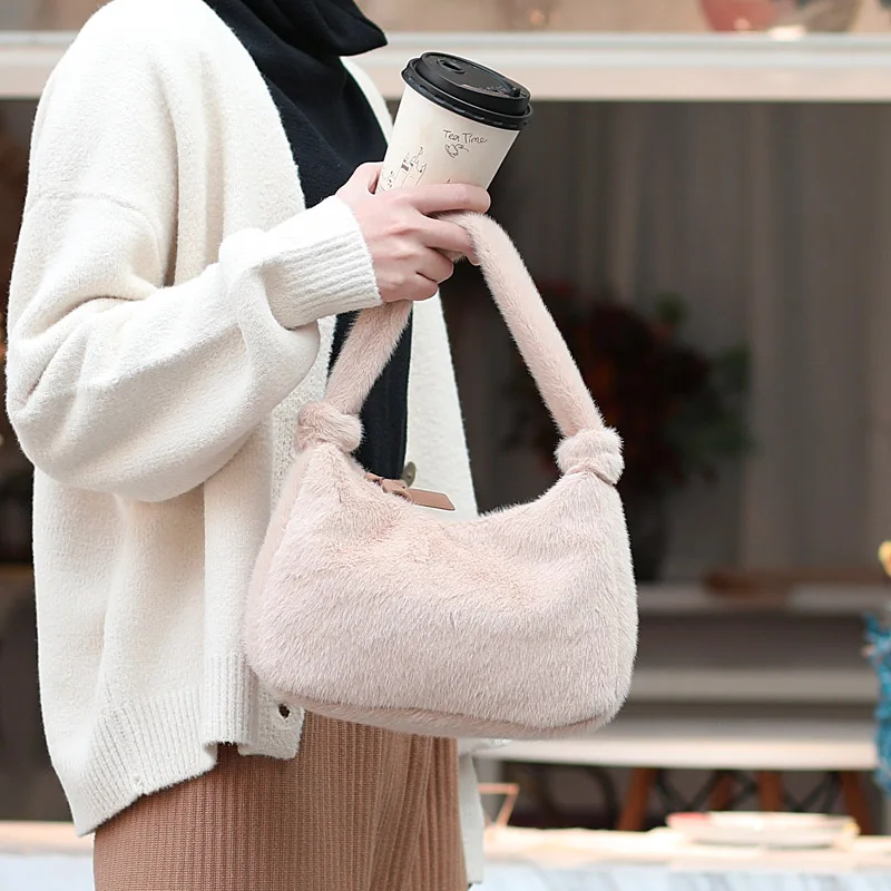 

fashion plush baguette shape women shoulder bags designer handbags luxury soft faux fur female messenger bag ladies small purses