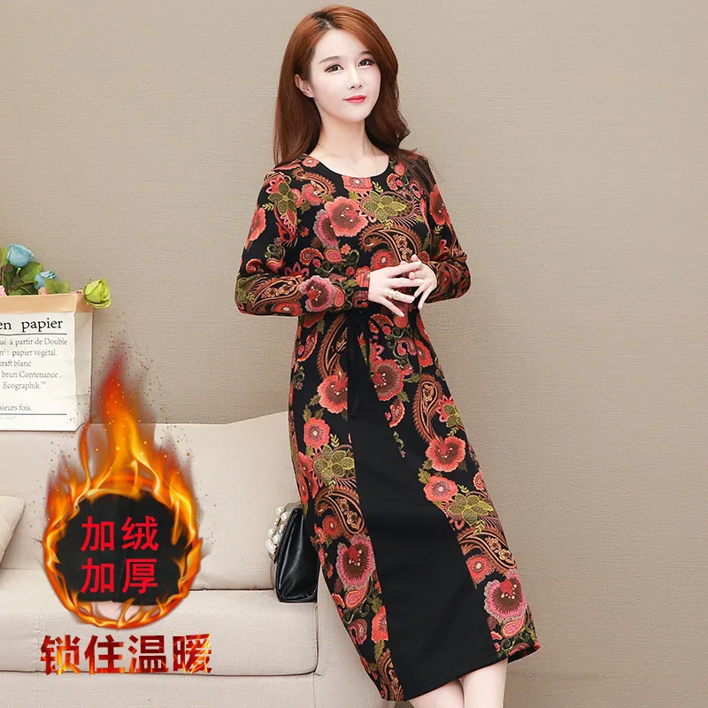 

2019 Autumn And Winter New Style Ethnic-Style Large Size Dress Brushed And Thick Dress Women's Lady Western Style Base Skirt