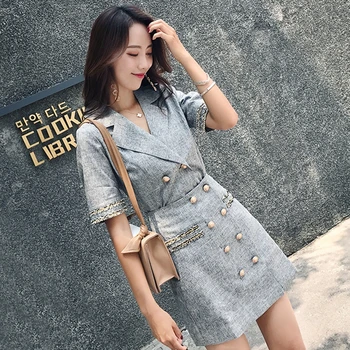 

2020 Summer Double Breasted Notched Collar Blazer Coat +High Waist A-line Skirt Two Piece Women Set Office Lady 2pcs Suit
