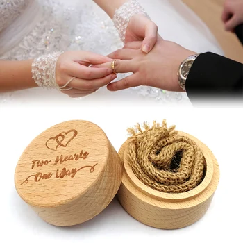 

Wedding Ring Bearer Gift Box Holder Personalized Rustic Wood Ring Box Round Beech Wedding Ring Box With Letter On The Surface