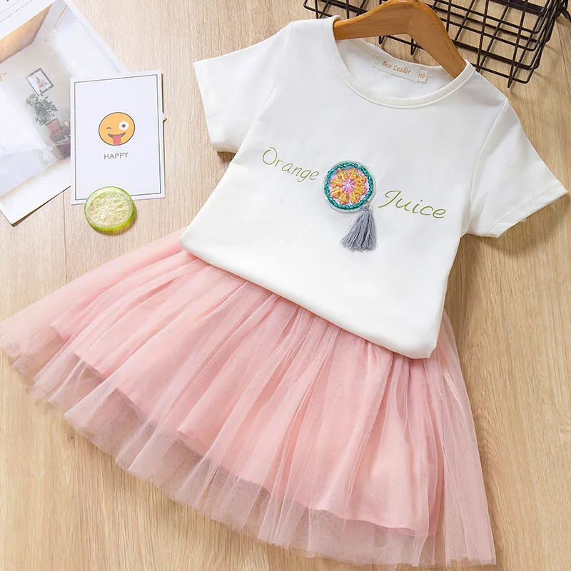 Платья для девочек коллекция года, брендовая детская одежда футболка с буквенным принтом и рукавом-бабочкой+ Цветочная вуаль комплект одежды из 2 предметов детское платье - Цвет: AX1005-pink