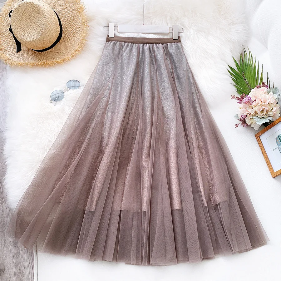 blue skirt SISHION New Arrival Long Women Skirt WF0049 High Waisted Tulle Gradient Color Black Khaki Green Blue Elegant Ladies Skirt black skirt