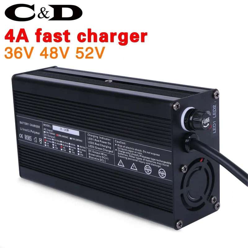 Discount 36V 48V 52V Lithium battery charger 4A fast charger 42V 54.6V 58.8V li-ion battery pack charger ebike electric bike DC XLR RCA 0