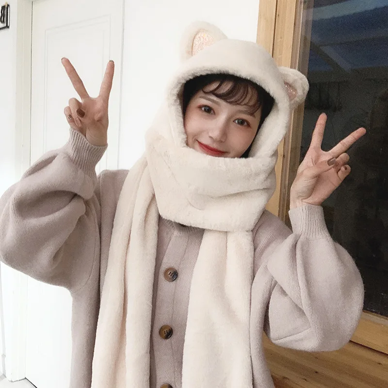 Женские зимние наушники, шапки Kawaii, кошачьи ушки, шапка с длинным шарфом, перчатки, плюшевые теплые мягкие милые шапки с героями мультфильмов для девочек