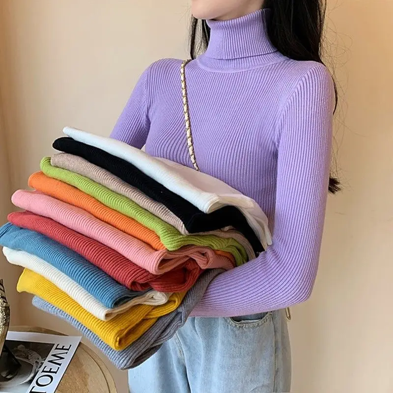 2021 New Women's Autumn Winter Turtleneck Pullovers Sweater Woman Primer Shirt Long Sleeve Short Slim-fit tight Jumper Top Solid | Женская