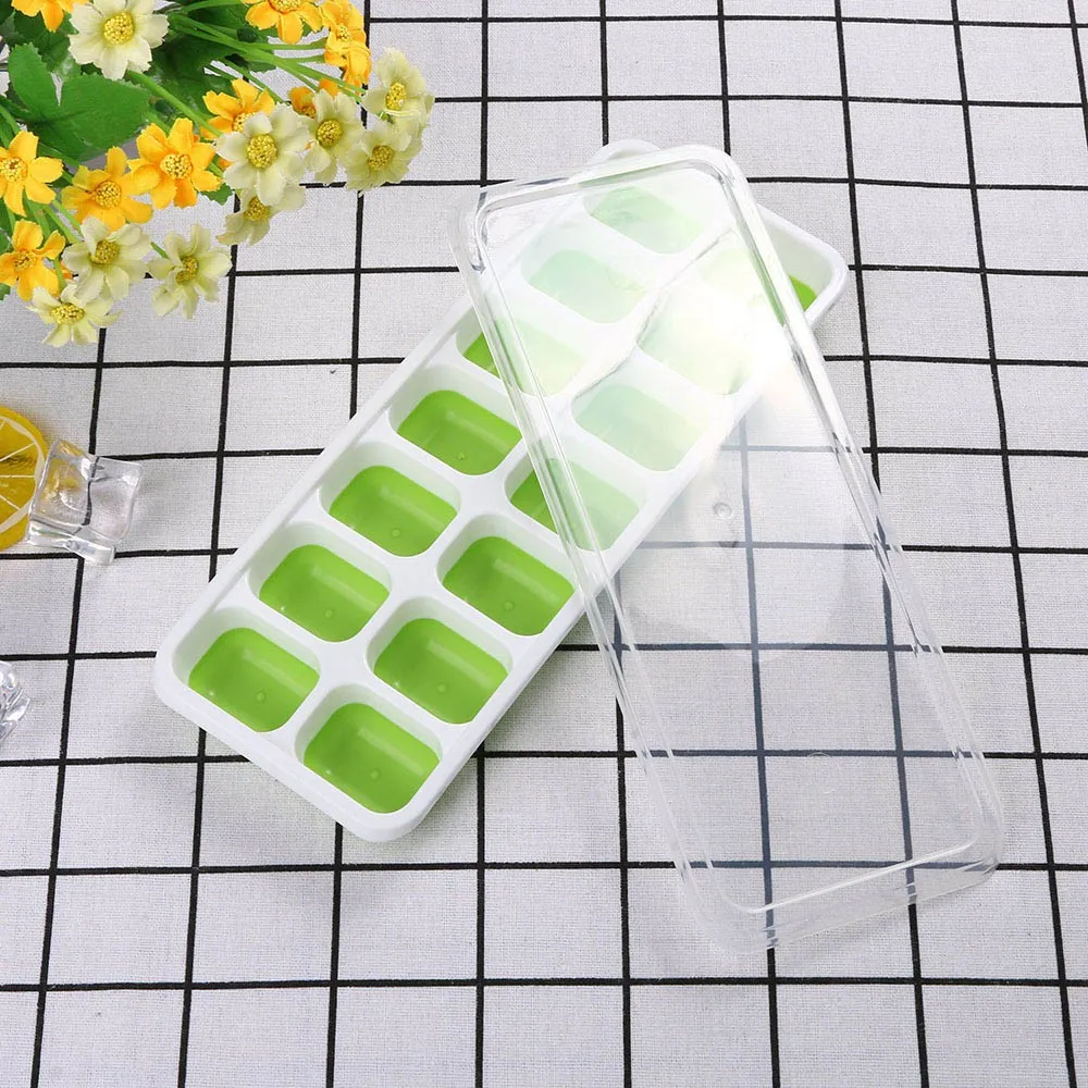 2Pc Ice Cube Trays Covered Ice Tray Set With 14 Ice Cubes Molds safety durability Flexible Rubber Plastic 25.4x9.8x2.9cm#40