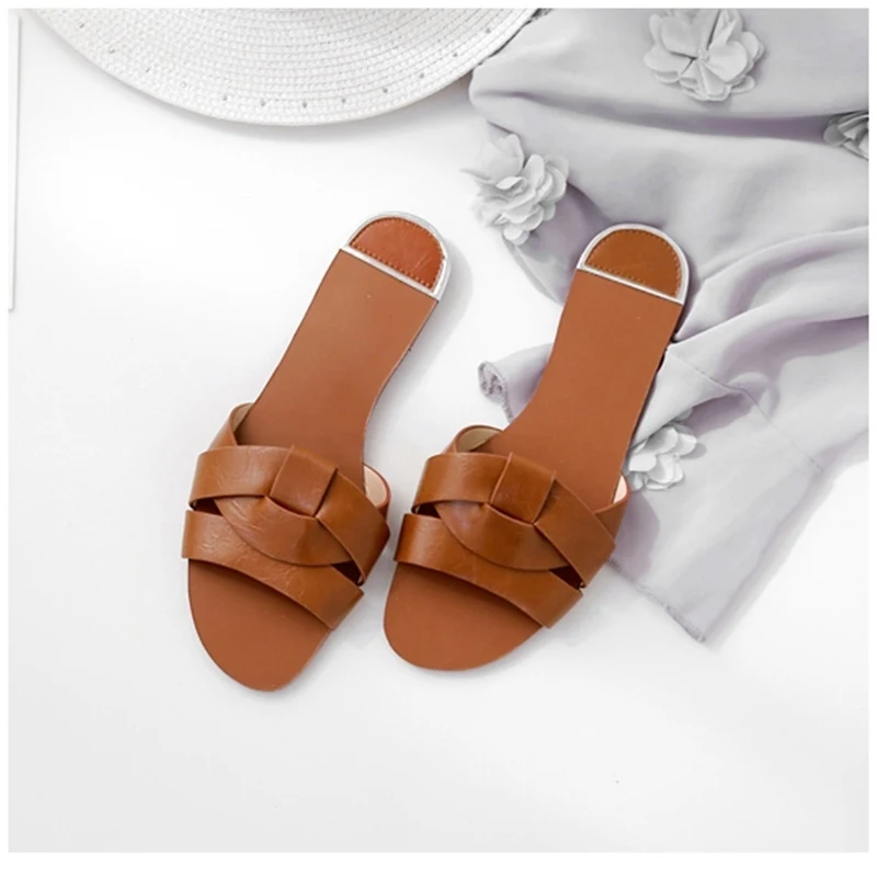 

Women Slippers Leather Slides Elegant Shoes Summer Beach Sandals Slip On Casual Sandals Soft Flip Flops Ladies Fashion Footwear