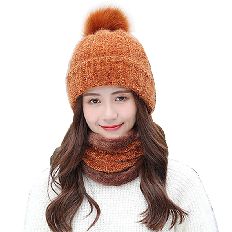

Solid Color Women's Cap Scarf Outdoor 2Set Knit Masks Plus Velvet O-Neck Scarves Lady Beanies Winter Hats For Women Balaclava